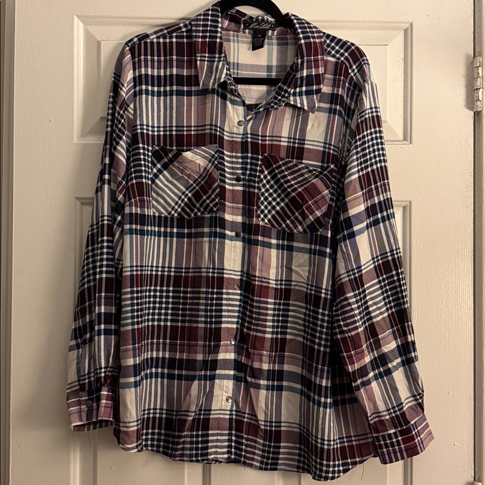 Women Plaid Shirt burgundy, blue, and white